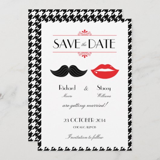 Rode, Zwarte & Witte Snor & Lippen Houndstooth Tro Save The Date (Voorkant / Achterkant)