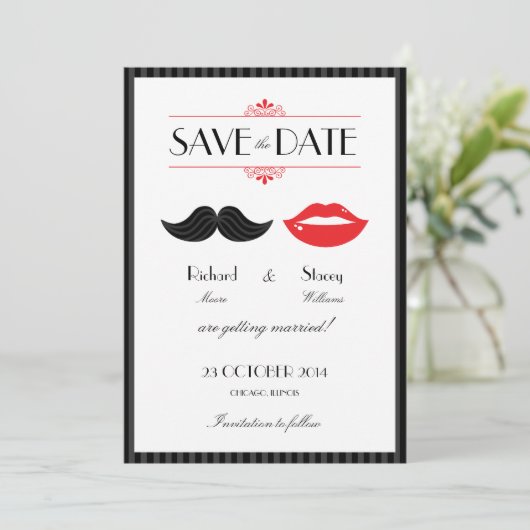 Rode, Zwarte & Witte Snor & Lippen Huwelijk Save The Date (Staand voorkant)