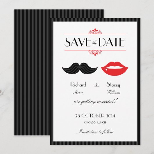 Rode, Zwarte & Witte Snor & Lippen Huwelijk Save The Date (Voorkant / Achterkant)