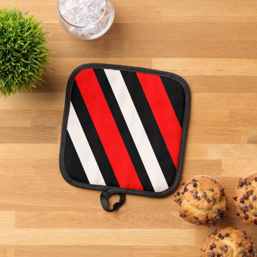 Rode Zwarte Witte Strepen Oven Mitt en Pot Houders (Top down)