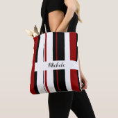 Rode zwarte witte verticale strepen | Personaliser Tote Bag (Dichtbij)