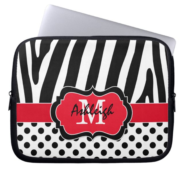 Rode zwarte Zebra Stripes Polka Dots Hoesje Laptop Sleeve (Voorkant)