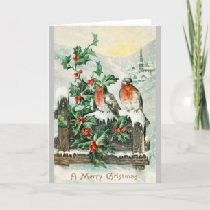 Rodeborstjes en hulstbes - Vintage Kerstansichtkaa Feestdagen Kaart