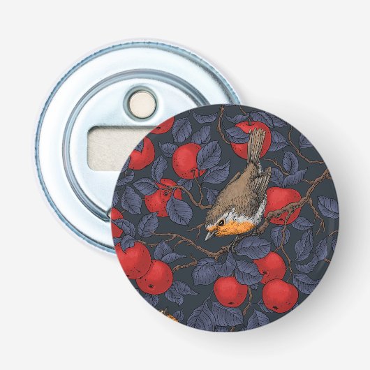 Rodeborstjes in de appelboom/blauw en rood  button flesopener (Voorkant)