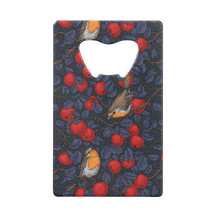 Rodeborstjes in de appelboom/blauw en rood creditkaart flessenopener