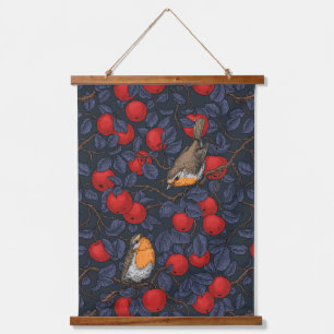 Rodeborstjes in de appelboom/blauw en rood hangend wandkleed