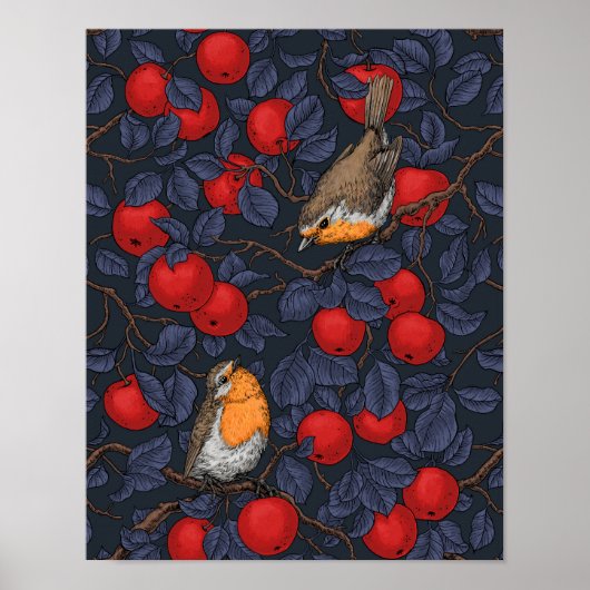 Rodeborstjes in de appelboom/blauw en rood  poster (Voorkant)