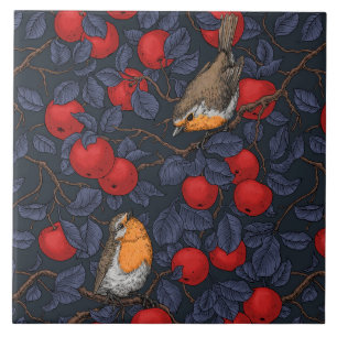 Rodeborstjes in de appelboom/blauw en rood tegeltje
