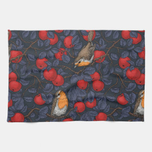 Rodeborstjes in de appelboom/blauw en rood  theedoek