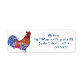 Rodehaan Aquarel Kip Haan Blauwe Vogel  Etiket