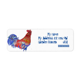 Rodehaan Aquarel Kip Haantje Blauwe Vogel  Etiket