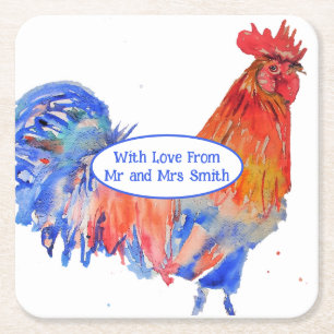 Rodehaan Kip Blauw Aquarel Bruiloft Kartonnen Onderzetters