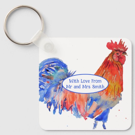 Rodehaan Kip Blauw Aquarel Bruiloft Sleutelhanger (Voorkant)
