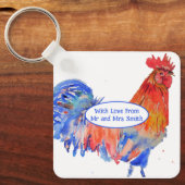 Rodehaan Kip Blauw Aquarel Bruiloft Sleutelhanger (Voorkant)