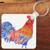 Rodehaan Kip Blauw Aquarel Bruiloft Sleutelhanger (Achterkant)