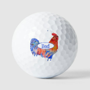Rodehaan Kip Blauwe Aquarel Schilderij Vader Golfballen