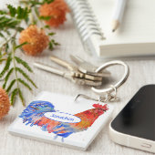 Rodehaan Kip Blauwe Aquarel Schildering Sleutelhanger (Voorkant Rechts)