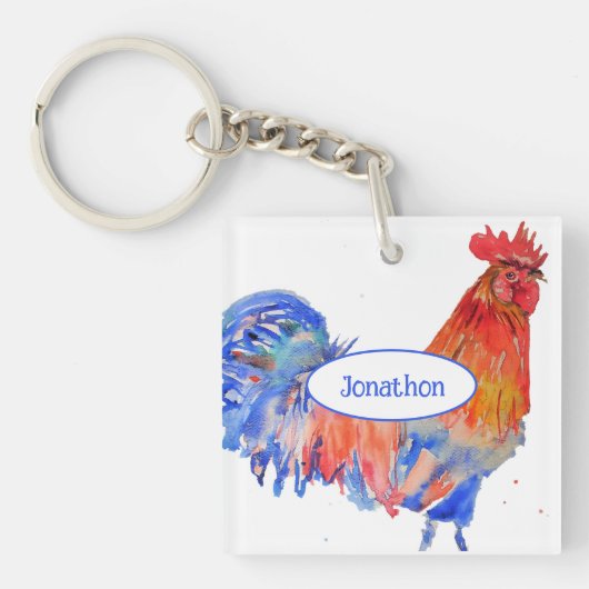 Rodehaan Kip Blauwe Aquarel Schildering Sleutelhanger (voorkant)
