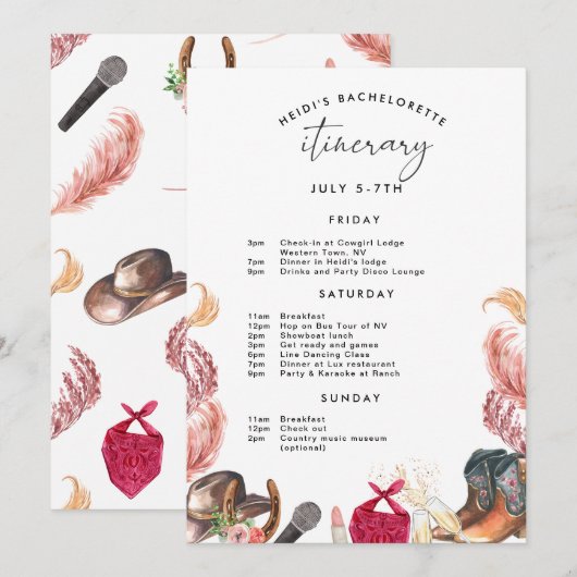 Rodeo Bachelorette Invitation Itinerary in Roze Kaart (Voorkant / Achterkant)