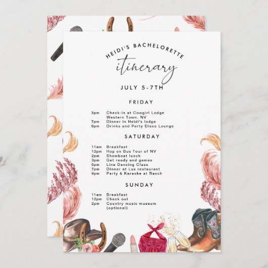 Rodeo Bachelorette Uitnodiging Itinerarium in Roze (Voorkant / Achterkant)