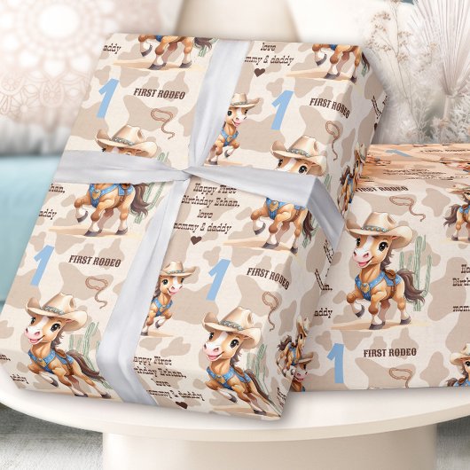 Rodeo Beige Cowboy Paard Westerne naam 1e Verjaard Cadeaupapier