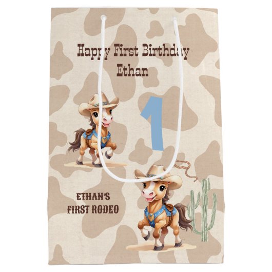 Rodeo Beige Cowboy Paard Westerne naam 1e Verjaard Medium Cadeauzakje (Achterkant)