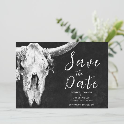 Rodeo Black and White Bull Skull Sla de datum op Aankondiging (Staand voorkant)