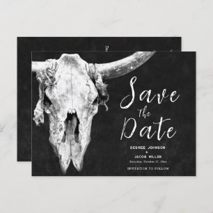 Rodeo Black and White Bull Skull Sla de datum op Uitnodiging Briefkaart