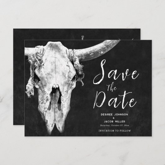 Rodeo Black and White Bull Skull Sla de datum op Uitnodiging Briefkaart (Voorkant / Achterkant)