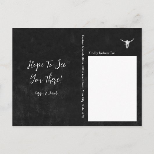 Rodeo Black and White Bull Skull Sla de datum op Uitnodiging Briefkaart (Achterkant)