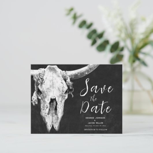 Rodeo Black and White Bull Skull Sla de datum op Uitnodiging Briefkaart (Staand voorkant)