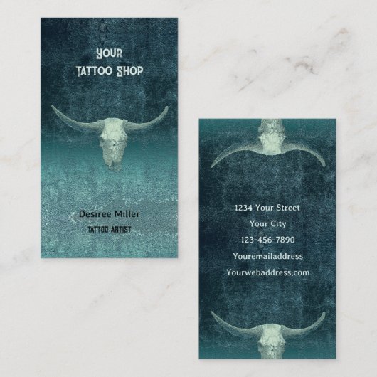Rodeo Blauwgroen Tattoo Winkelen Rustic Bull Skull Visitekaartje (Voorkant / Achterkant)