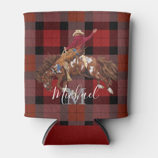 Rodeo Bronco pakt cowboy op plaid Blikjeskoeler (Voorkant)