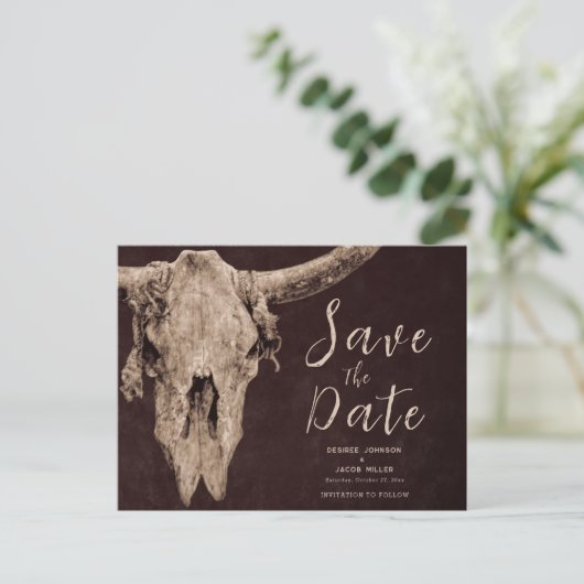 Rodeo Brown Bull Skull Save The Date Uitnodiging Briefkaart (Staand voorkant)