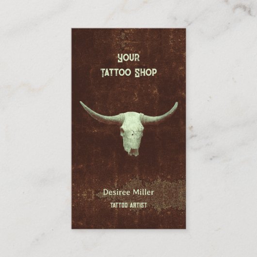 Rodeo Bruin Rustisch Western Tattoo Koop Bull Skul Visitekaartje (Voorkant)