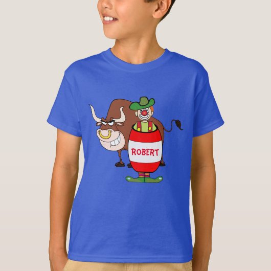 Rodeo Clown in Barrel and Bull Cartoon personaliz T-shirt (Voorkant)