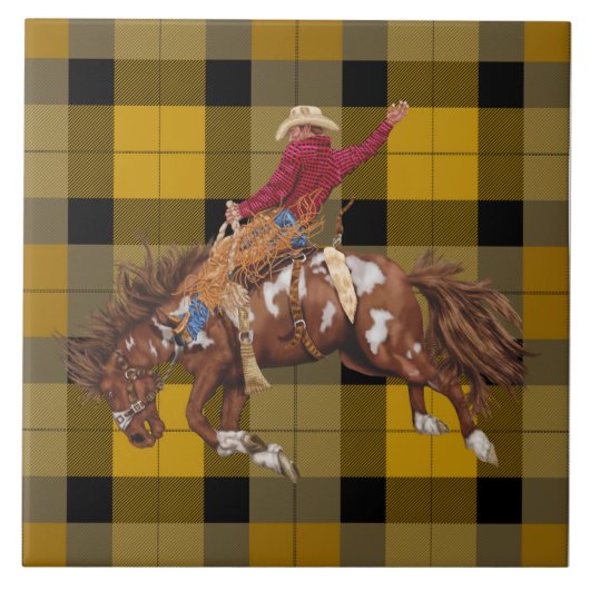 Rodeo Cowboy Bronco busting op plaid Tegeltje (Voorkant)