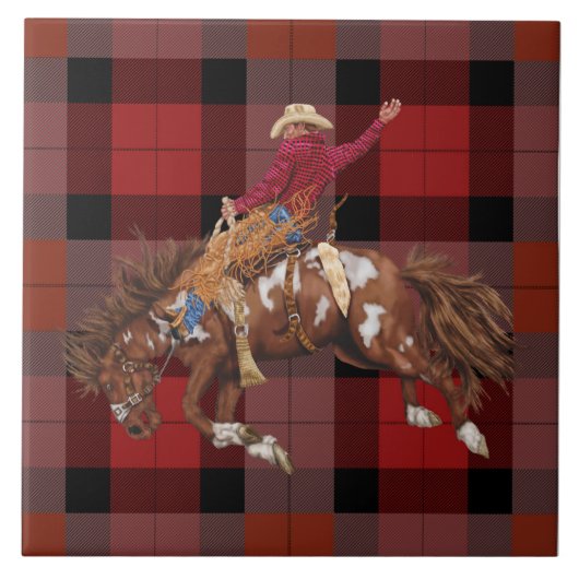 Rodeo Cowboy Bronco busting op plaid Tegeltje (Voorkant)