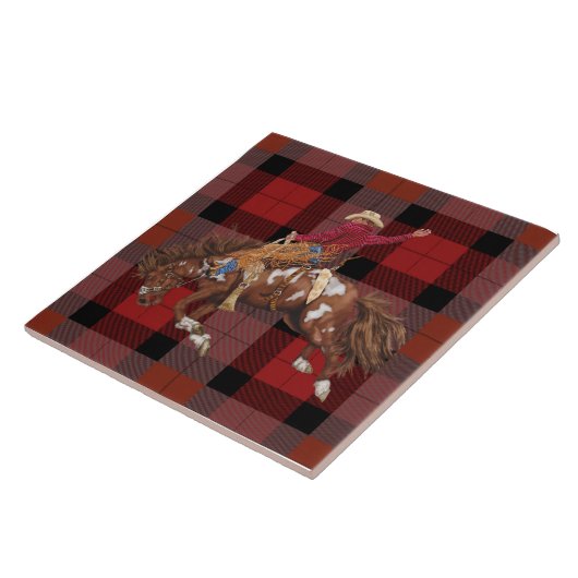 Rodeo Cowboy Bronco busting op plaid Tegeltje (Zijkant)