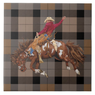 Rodeo Cowboy Bronco busting op plaid Tegeltje