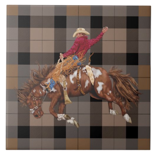 Rodeo Cowboy Bronco busting op plaid Tegeltje (Voorkant)