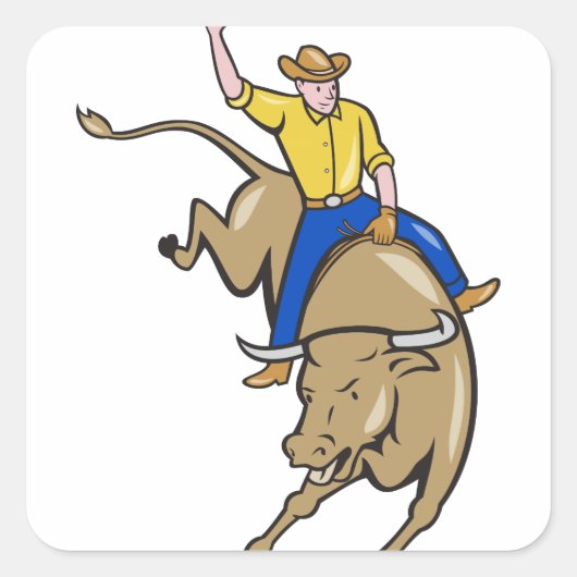 Rodeo Cowboy Bull Riding Cartoon Vierkante Sticker (Voorkant)