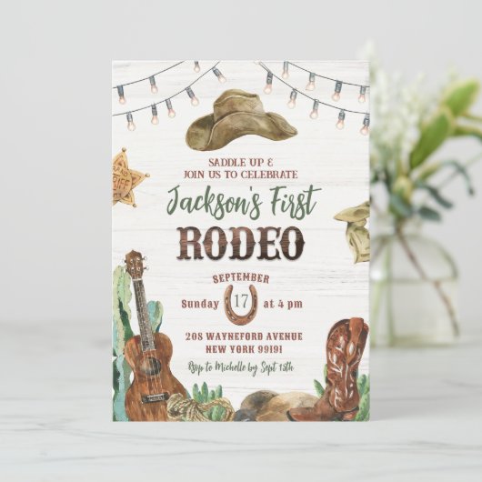Rodeo Cowboy Eerste Uitnodiging voor verjaardagsfe (Staand voorkant)