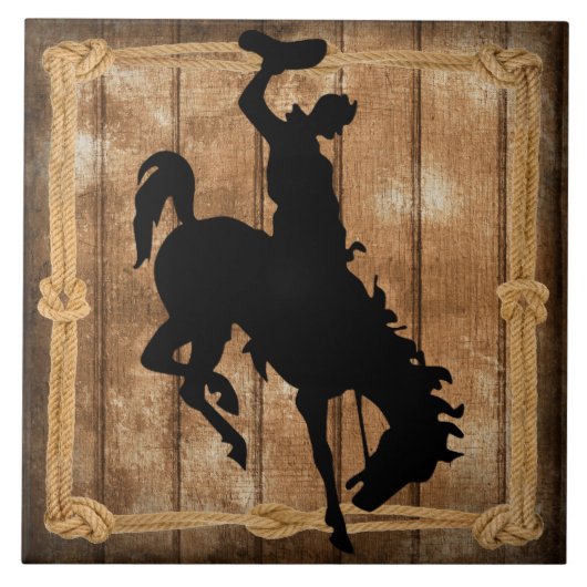 Rodeo Cowboy Horse Bronco Silhouette Tegeltje (Voorkant)
