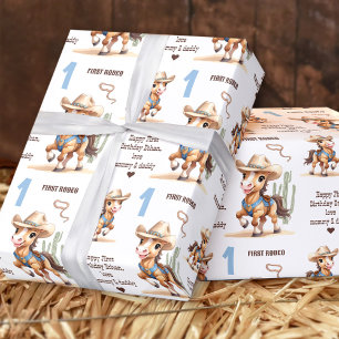 Rodeo Cowboy Paard Westerne naam Boy 1st Verjaarda Cadeaupapier