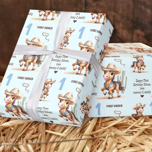 Rodeo Cowboy Paardenblauw Westerne naam 1e Verjaar Cadeaupapier