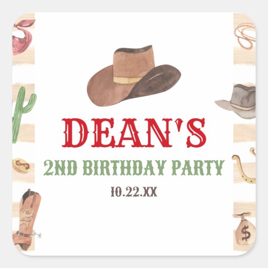 Rodeo Cowboy Western Wild West Verjaardagsfeest Vierkante Sticker (Voorkant)