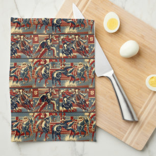 Rodeo Cowboys Steer Wrestling Keuken Handdoek