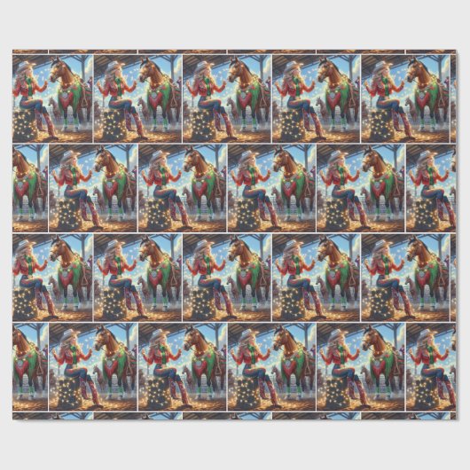 Rodeo Cowgirl and Horse With Christmas Lights Cadeaupapier (Vlak)