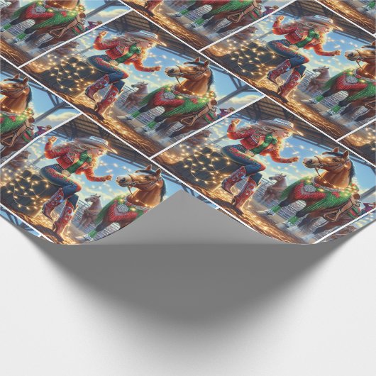 Rodeo Cowgirl and Horse With Christmas Lights Cadeaupapier (Hoek)